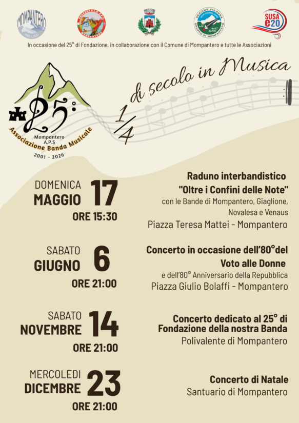 Calendario nostri festeggiamenti – 25 Anni di Fondazione Banda Musicale di Mompantero