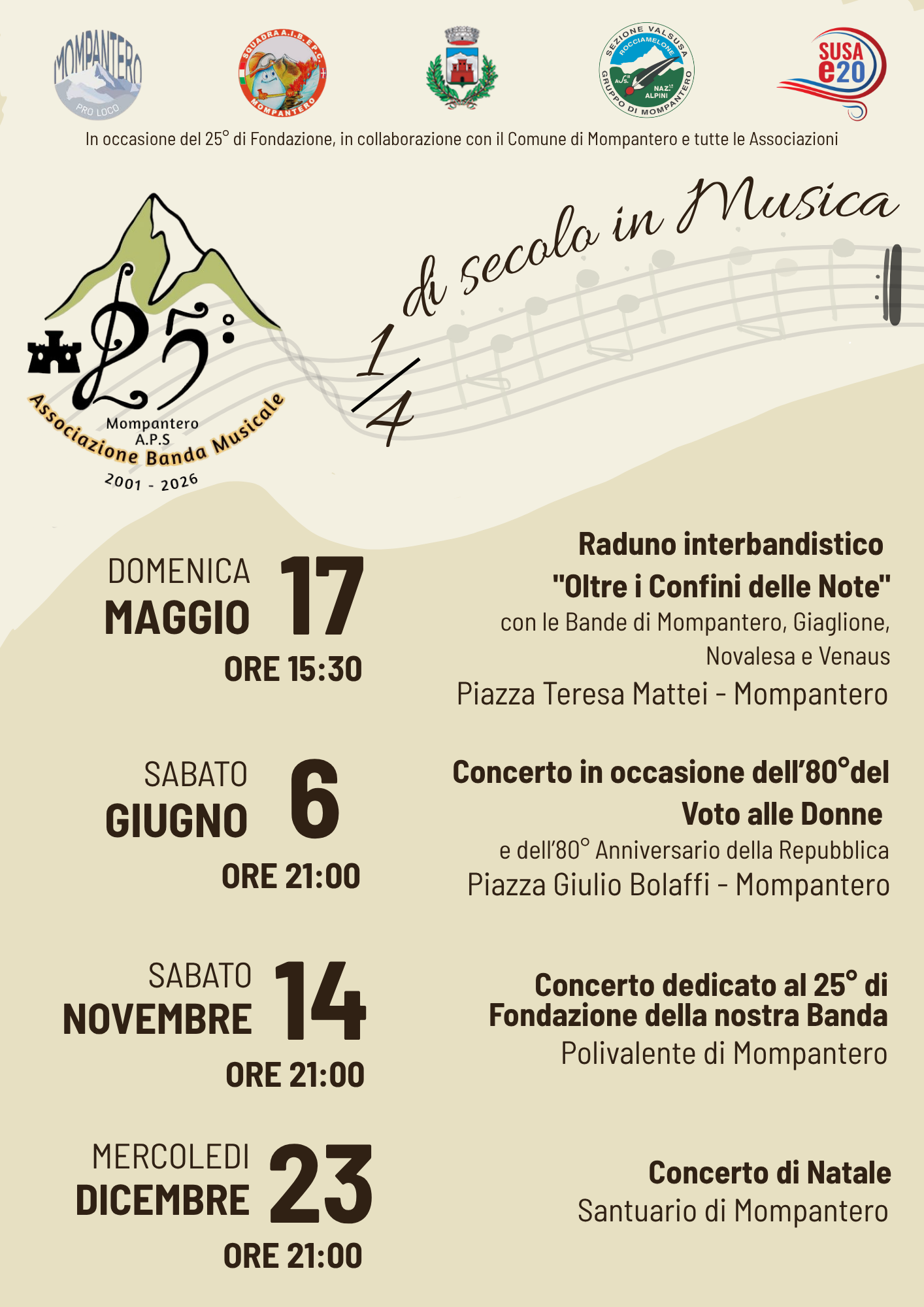 Calendario nostri festeggiamenti – 25 Anni di Fondazione Banda Musicale di Mompantero